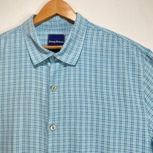 Tommy Bahama Mens XXL Light Blue Silk Grid Check Short Sleeve Button Down Shirt